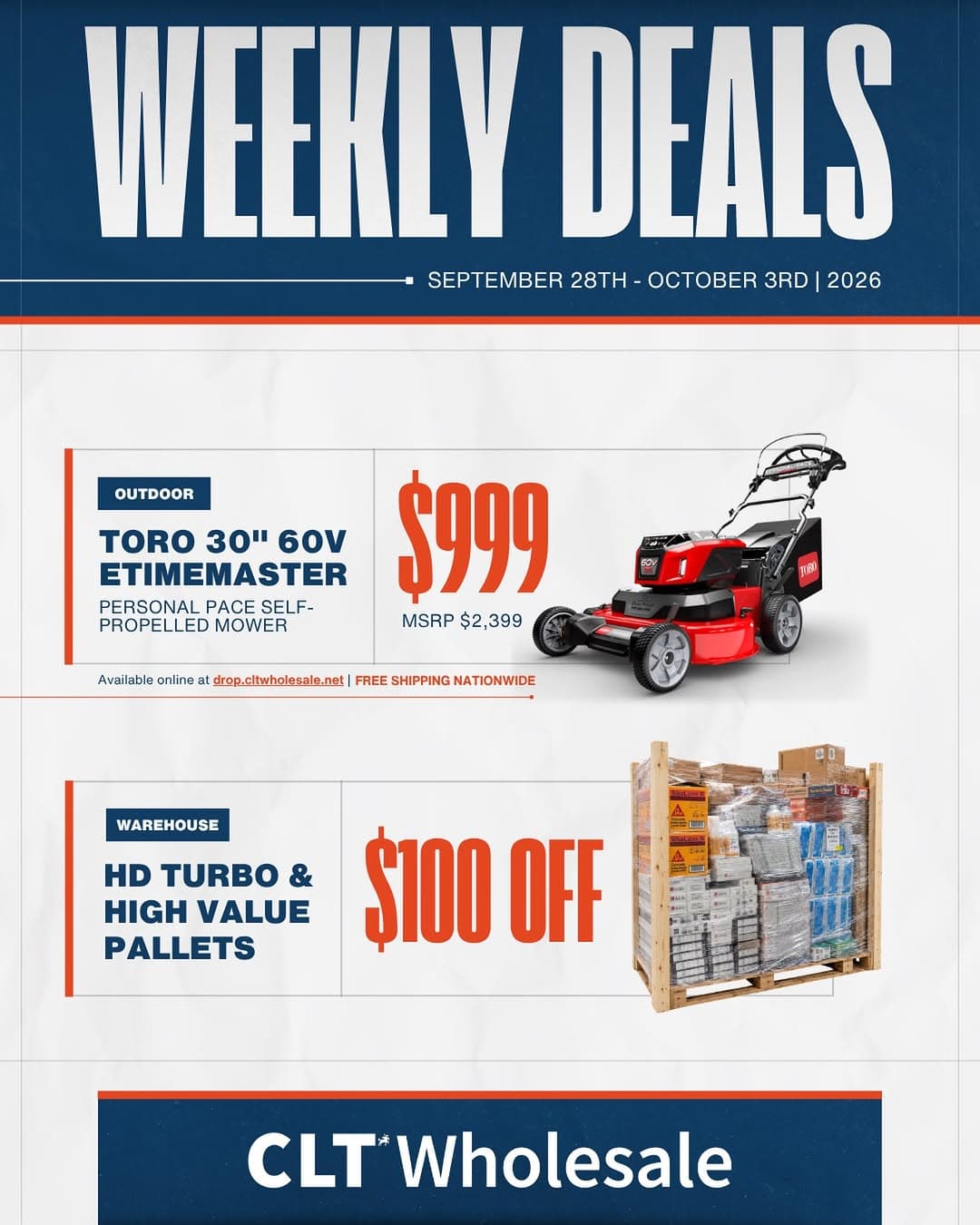 Deals, deals, DEALS! We’ve got even more savings hitting the floor this week. Our Toro 30” 60V eTimeMaster is $999 wi…