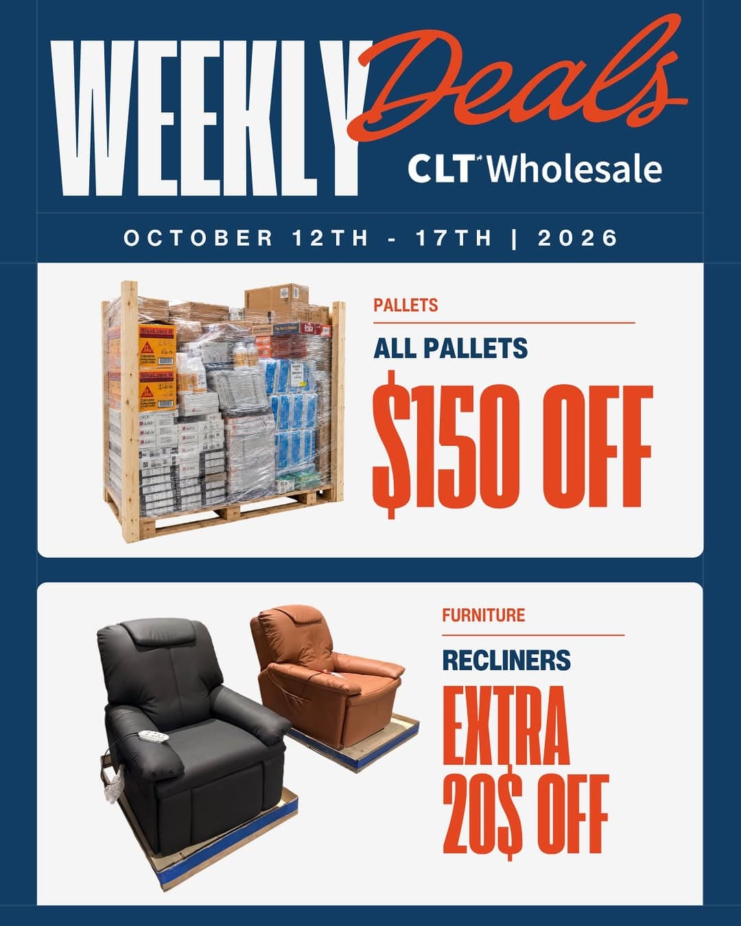 New week, NEW DEALS! We’ve got even more savings coming your way. This week, ALL pallets are $150 OFF, plus our recli…